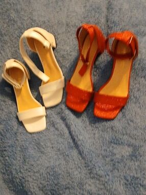 Women’s Ankle-Strap Block Heel Sandals in White and Red